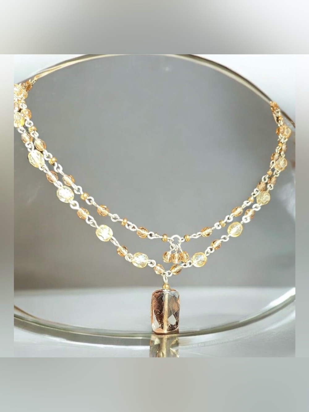 Layered Double Strand Smoky Crystal Silver-Tone Pendant Necklace